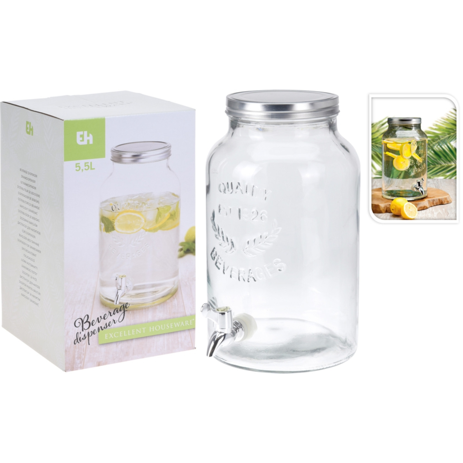 Dispenser bevande in vetro maxi da 5,5 Litri con rubinetto, Ideale per party, buffet e casa