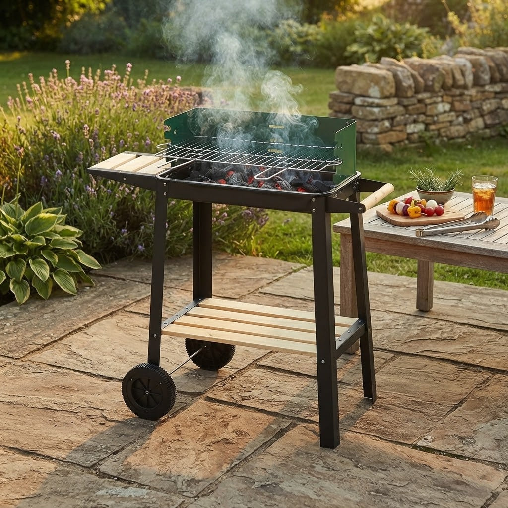 Barbecue Ompagrill in acciaio verniciato verde con braciere e reggi brace 50x25 cm