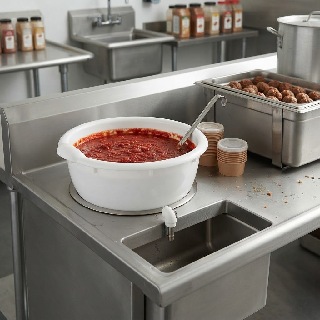 Bacinella con beccuccio riempibottiglie a valvola per passata di pomodoro in pvc alimentare