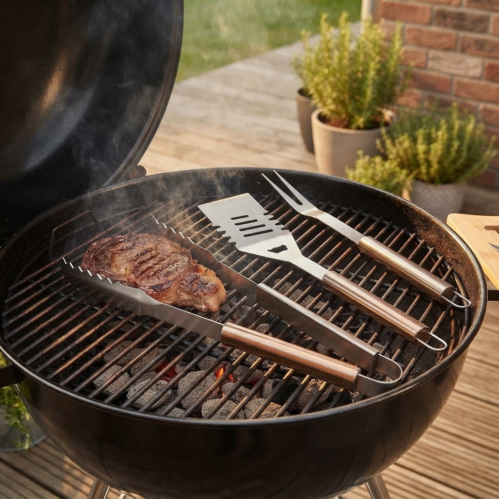 Utensili per barbecue in acciaio inox con pinza, paletta e forchettone set da 3
