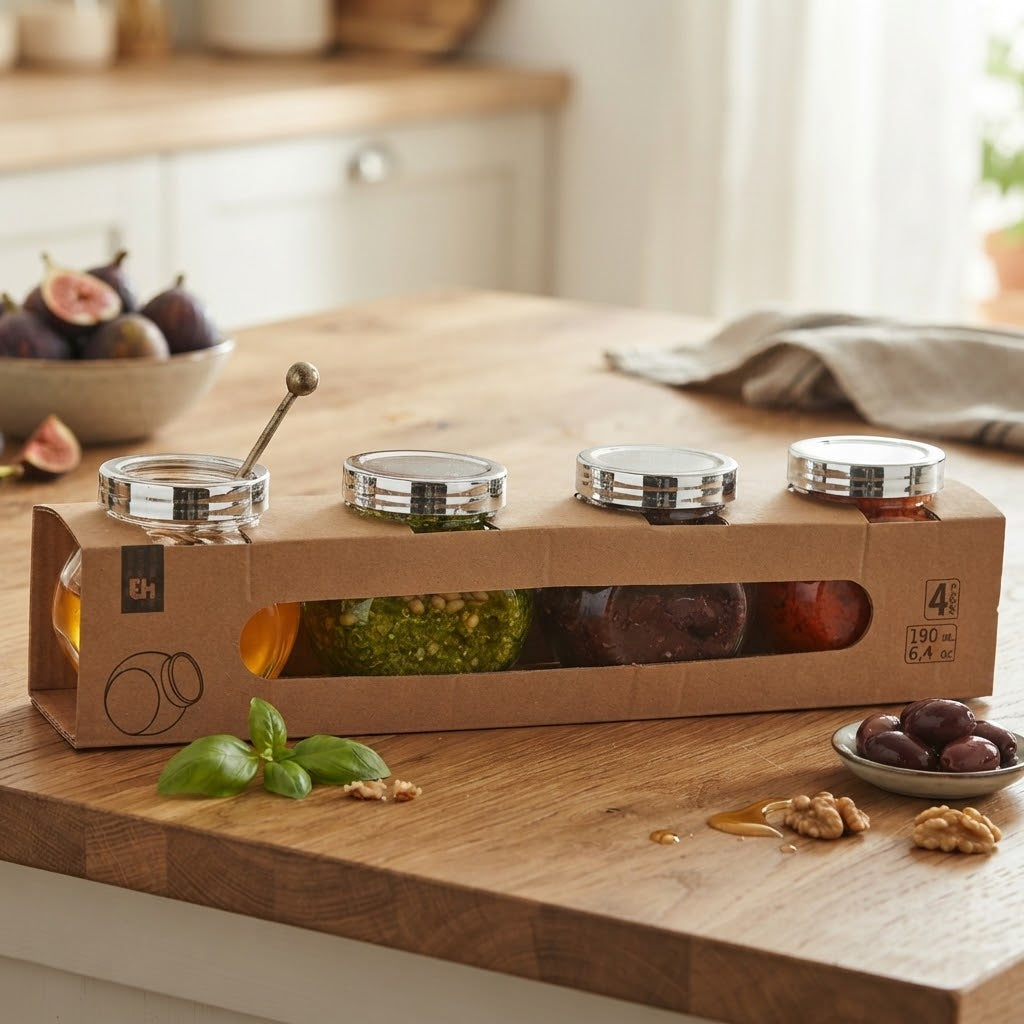 Barattoli in vetro con tappo per alimenti e conserve cibo boccacci set da 4
