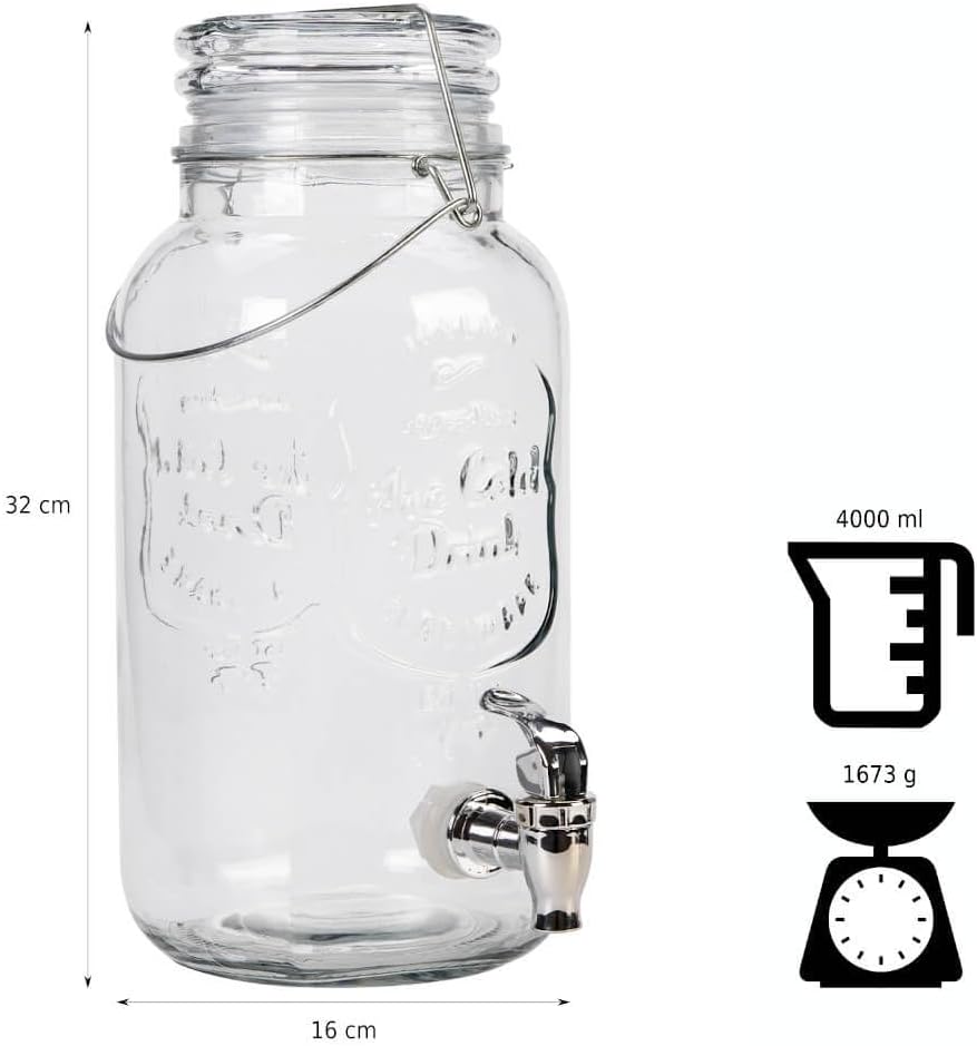 Caraffa in vetro porta bevande con rubinetto e tappo ermetico, da 4 lt