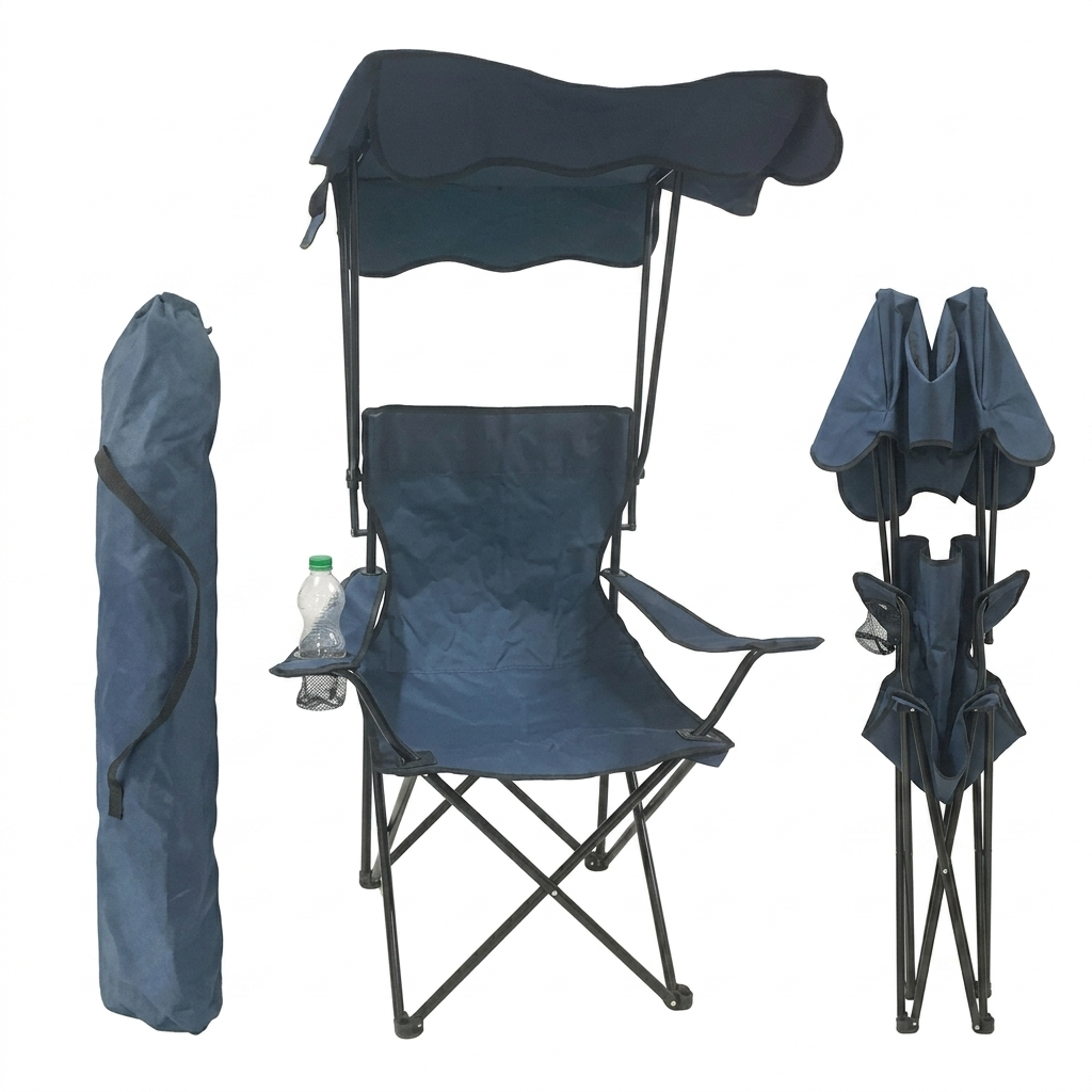 Sedia pieghevole con parasole, tessuto color blu da camping