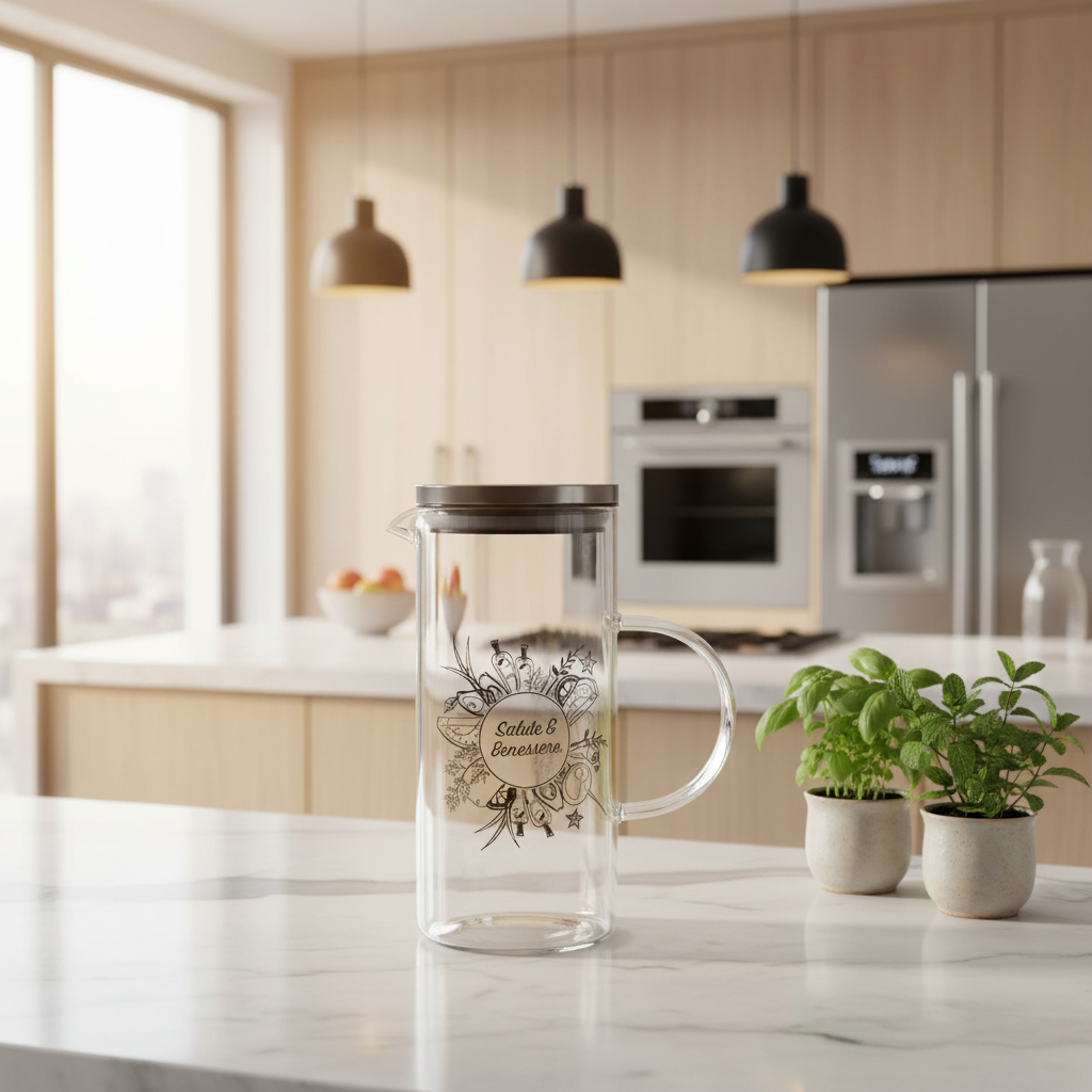 Caraffa in vetro Borosilicato decorata con scritta "Salute e Benessere" da 1300 mL