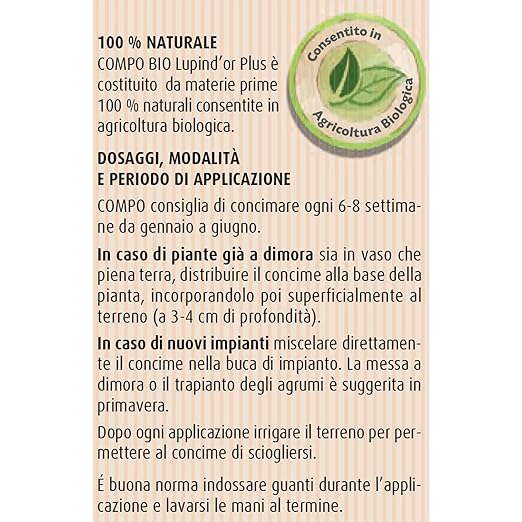 COMPO BIO Lupind’or plus 800 , concime organico naturale a base di lupini, per agrumi e sempreverdi Acidofile