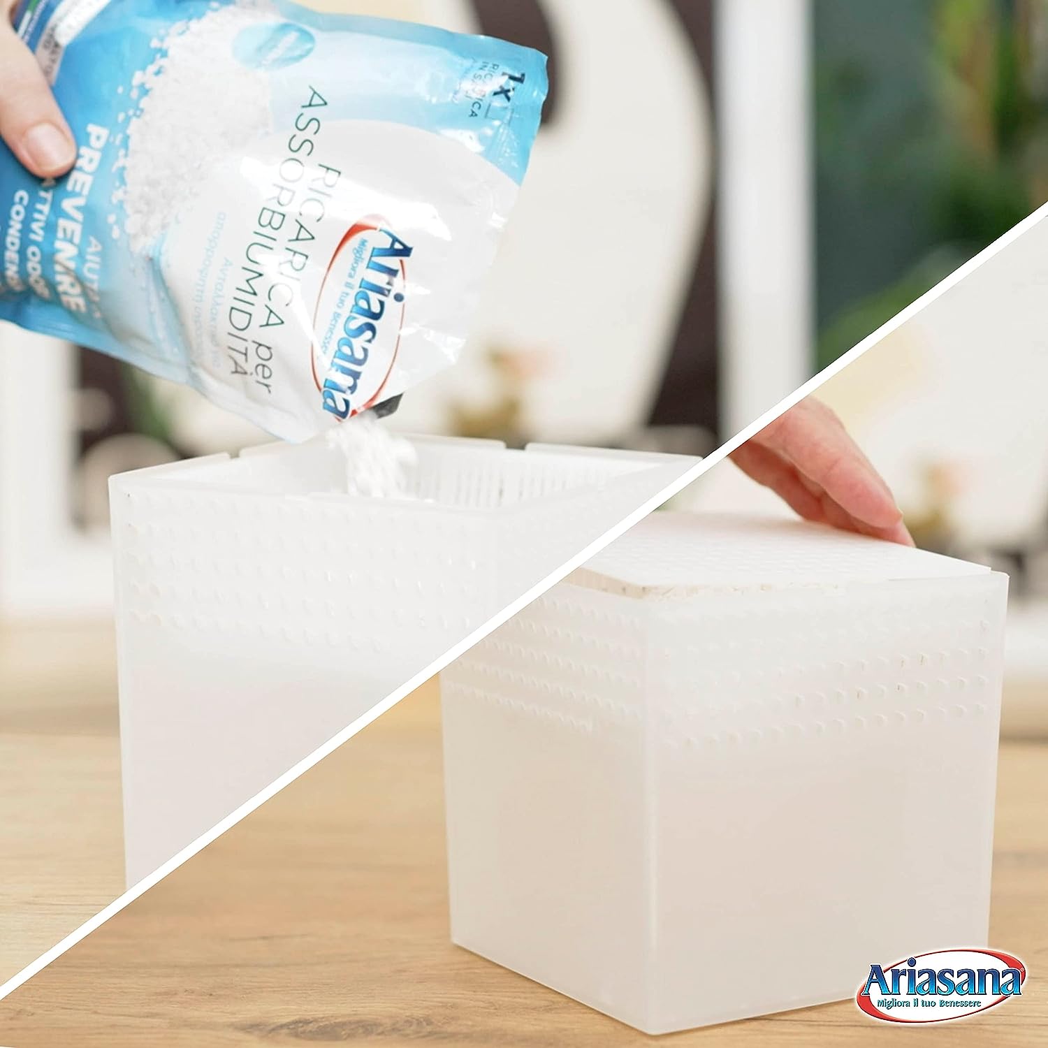 Deumidificatore Ariasana vaschetta mini con una ricarica assorbi-umidità in Tab da 450g
