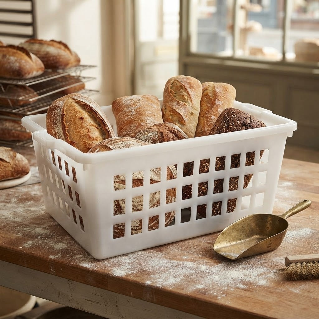 Cesta per pane in plastica bianca traforata con manici da 60 litri