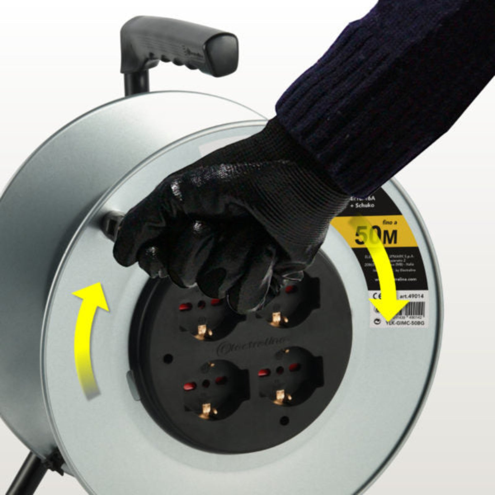 Rullo avvolgicavo in metallo con pomello rotante 50 mt