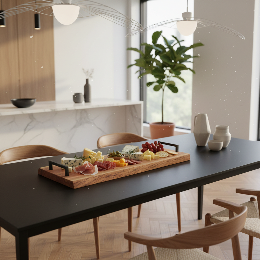 Tagliere rettangolare da portata in legno naturale per alimenti con manici in ferro, 55 x 25 cm