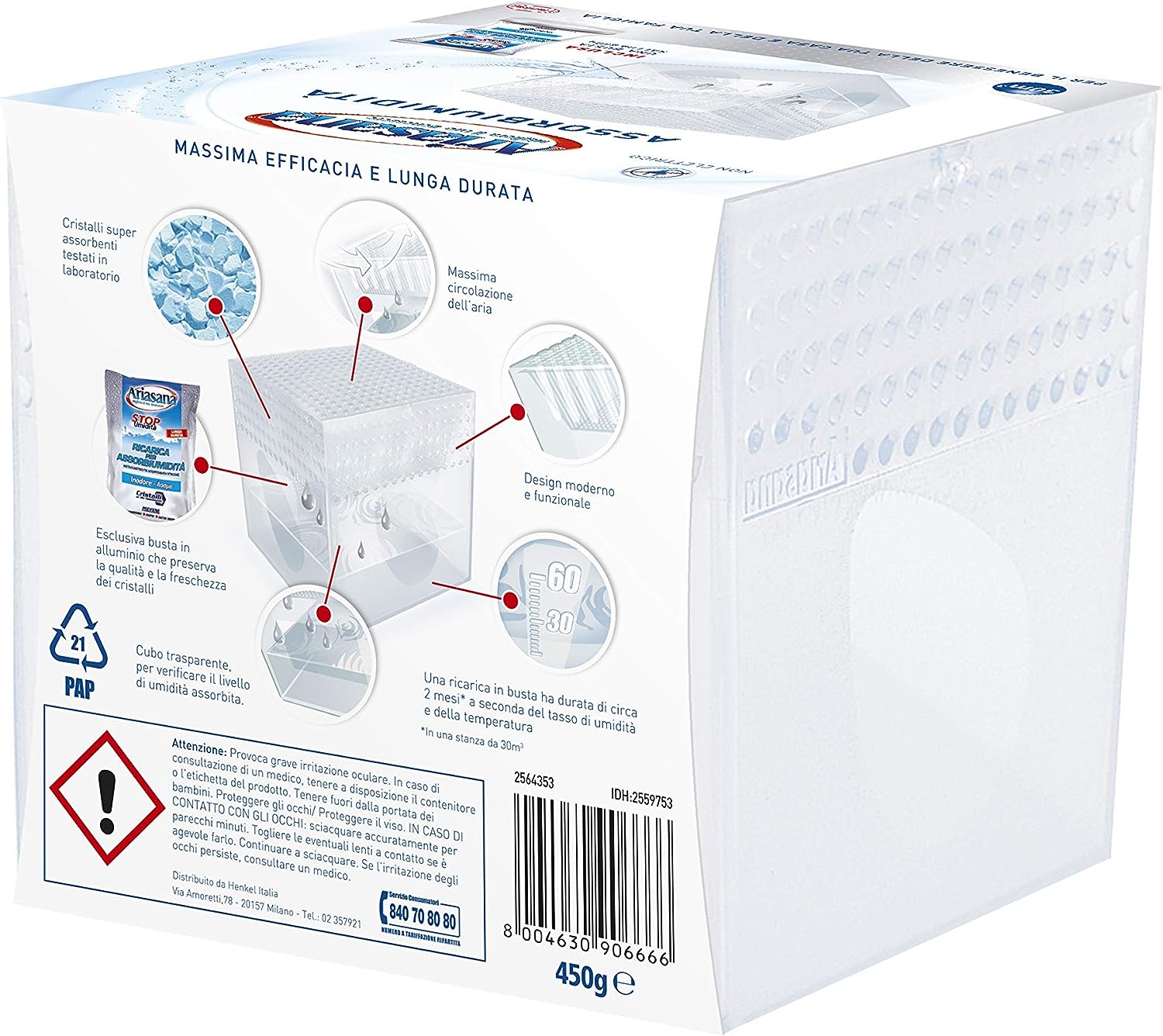 Deumidificatore Ariasana vaschetta mini con una ricarica assorbi-umidità in Tab da 450g