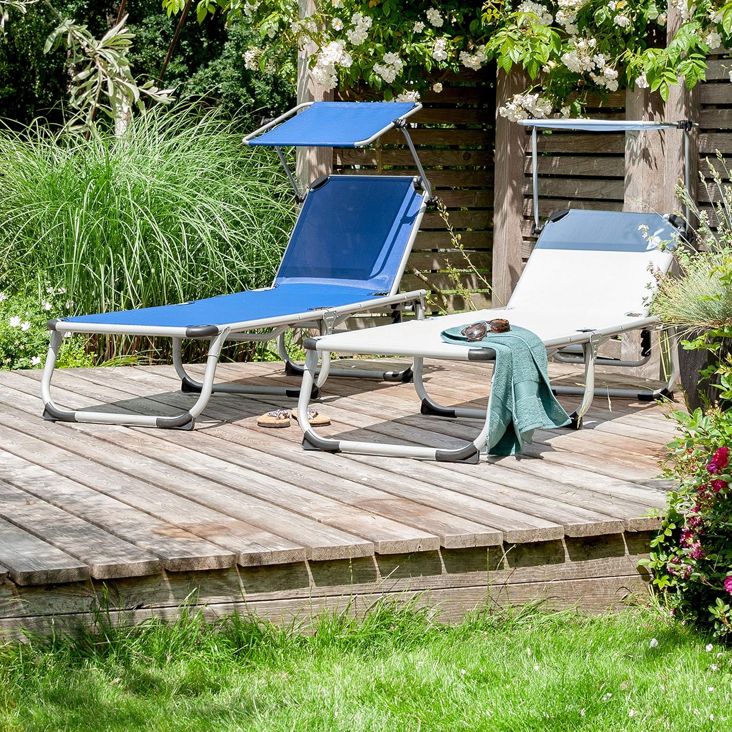 Lettino prendisole "Super" in alluminio pieghevole con tettuccio da mare e giardino