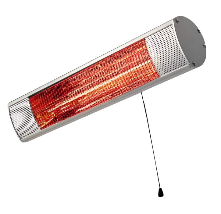 Stufa alogena da parete con rivestimento e riflettori in alluminio e griglia frontale di protezione