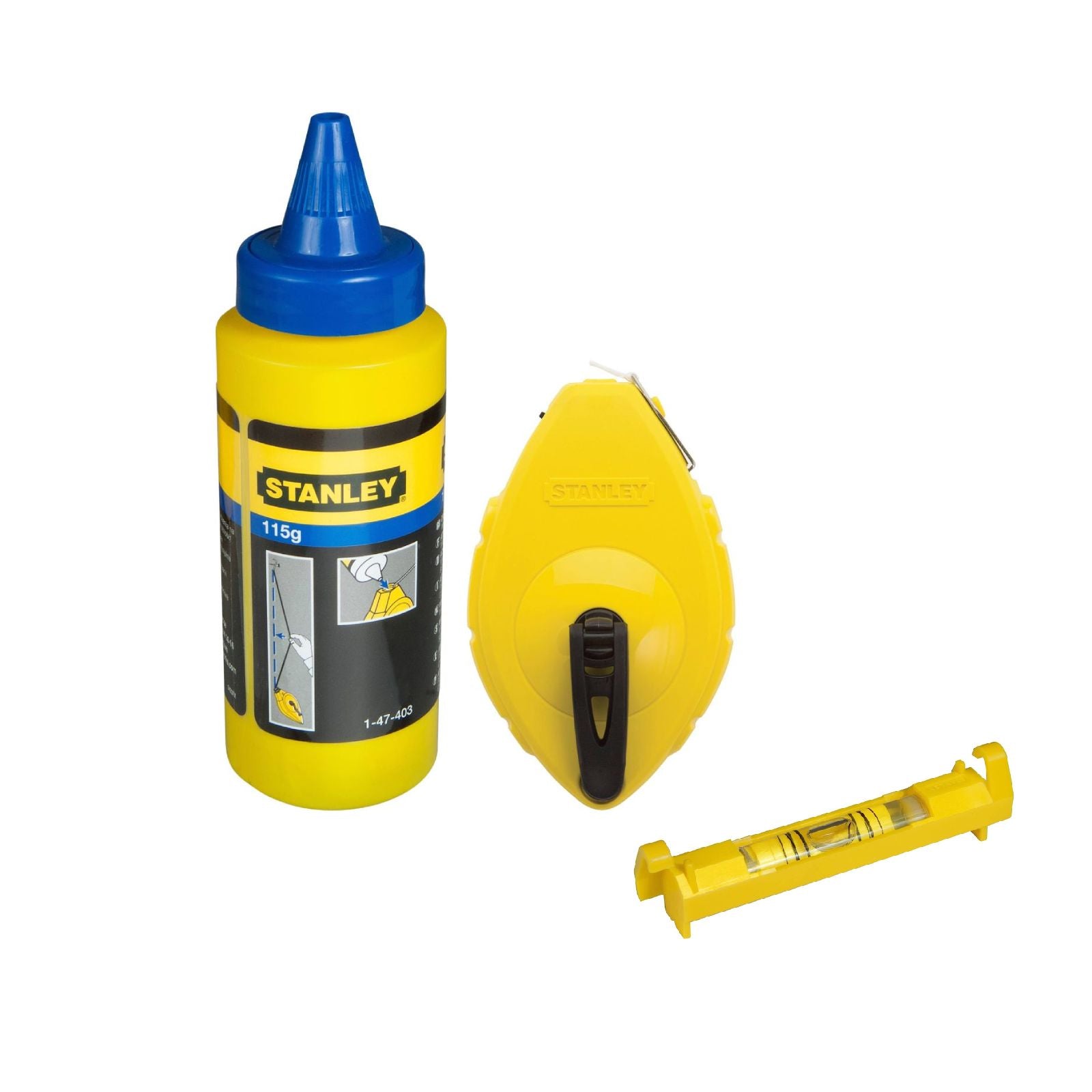 Tracciarighe in plastica completo di mini livella e flacone di polvere blu da 113 ml