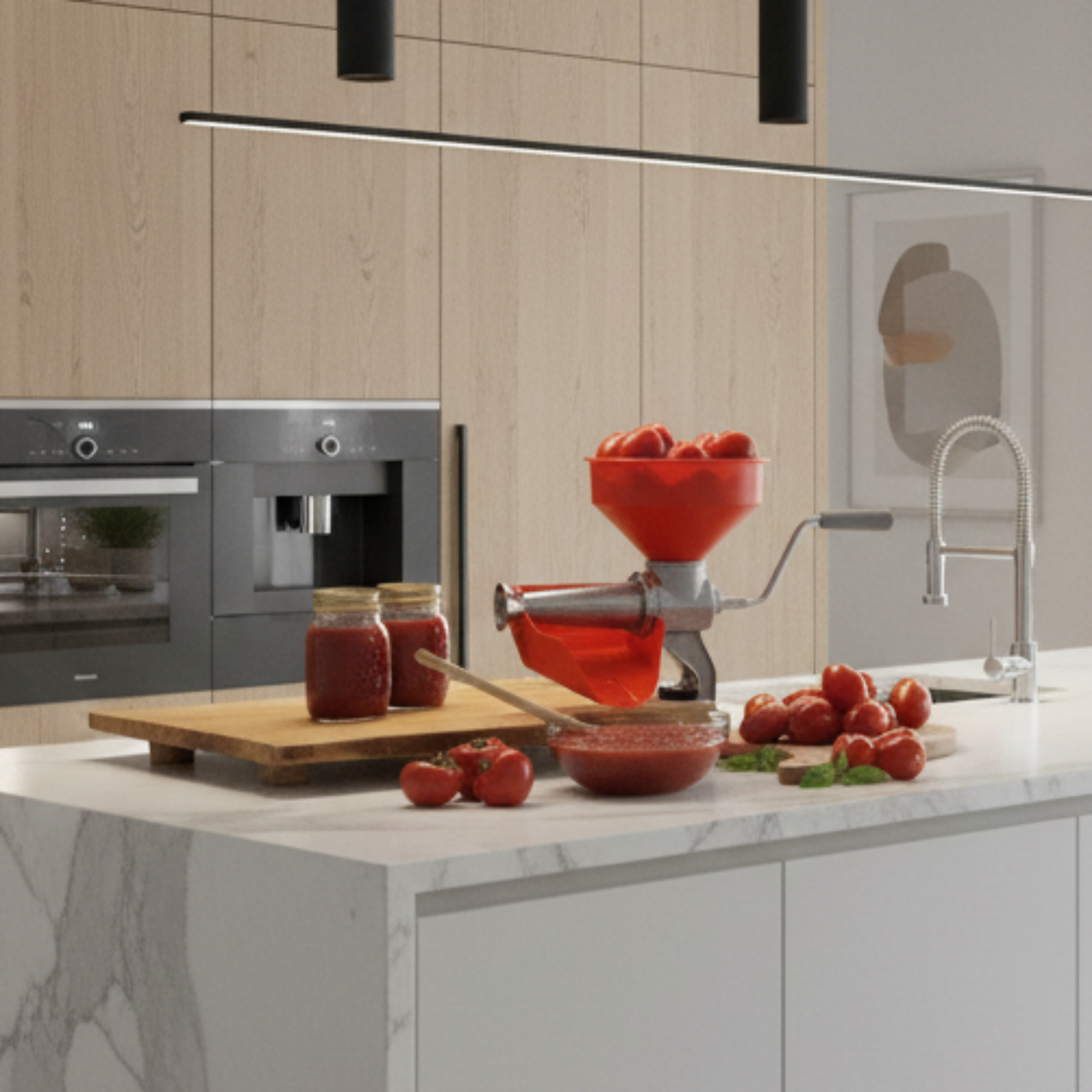 Spremipomodoro manuale con imbuto in plastica e cono filtro in acciaio inox