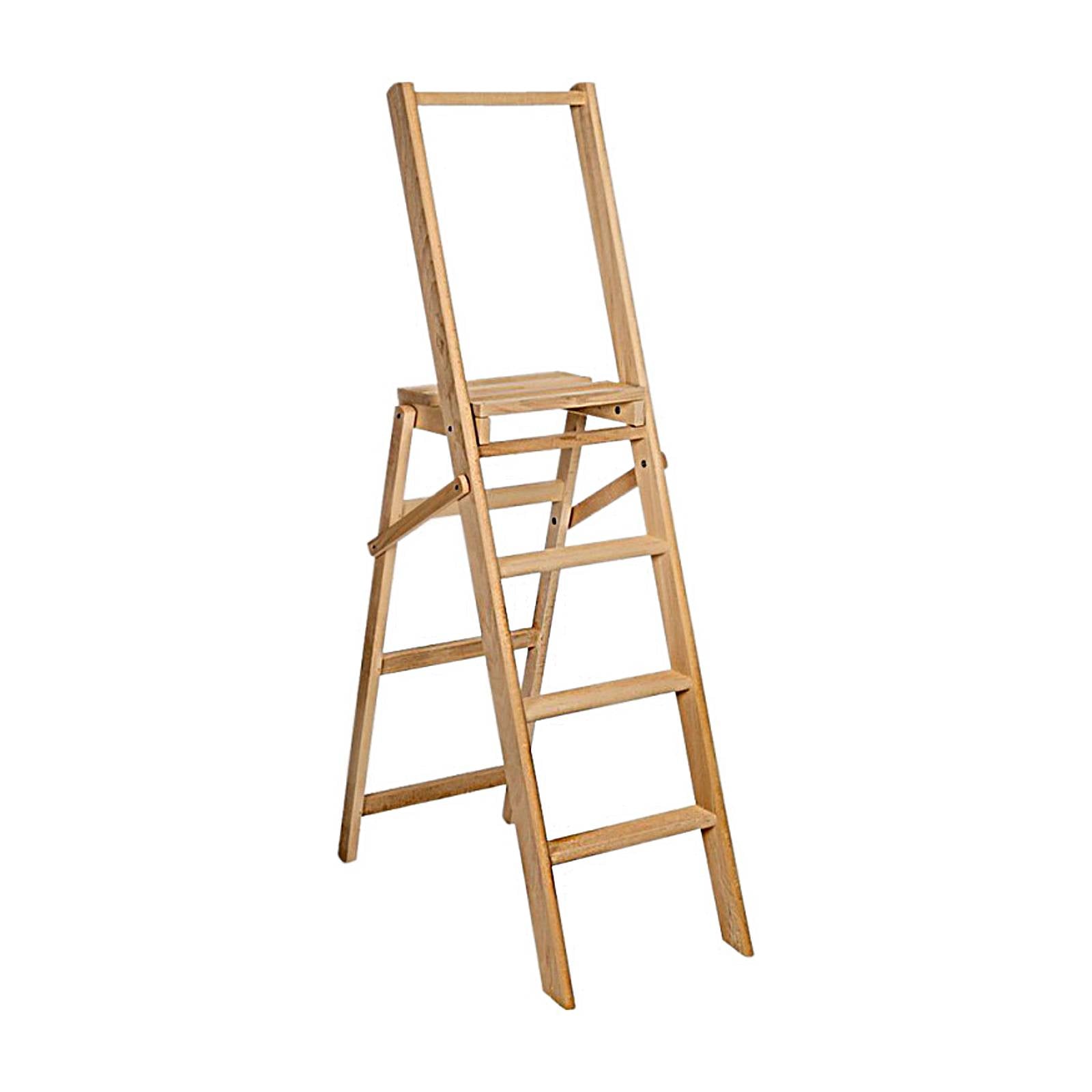 Sgabello "Scaletta" con barra di appoggio realizzato in legno grezzo resistente e pieghevole