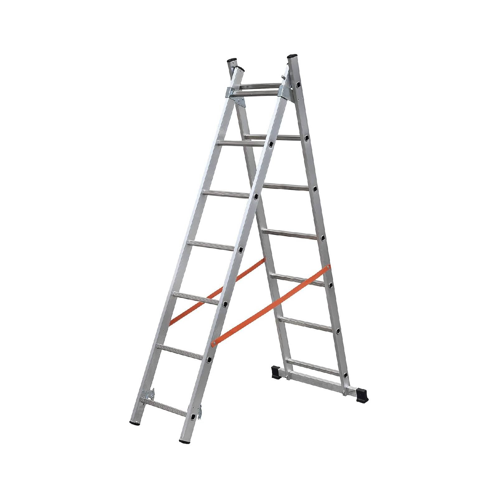 Scala a due elementi in alluminio dotata di stabilizzatore di base e limitatore di altezza