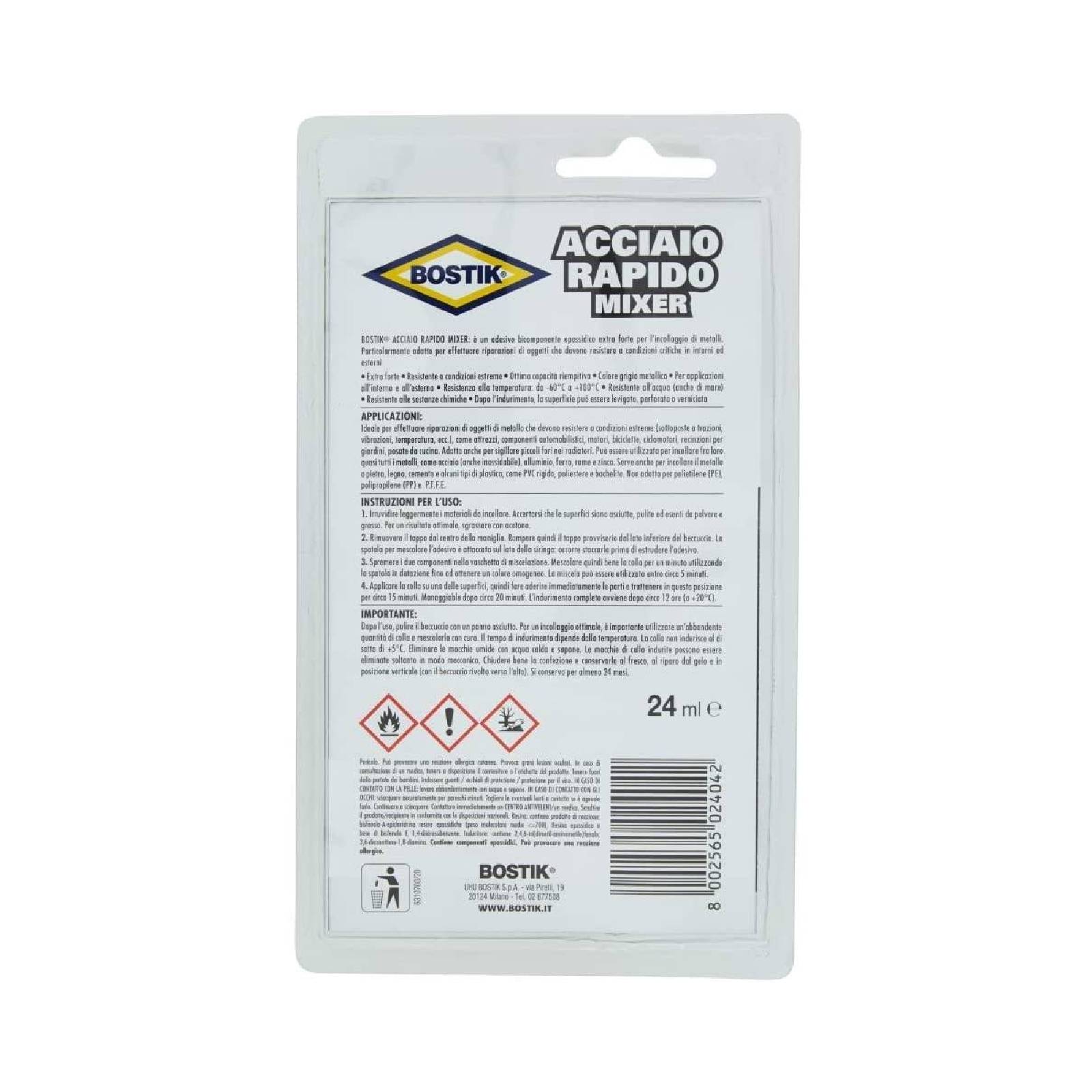 Adesivo "Acciaio Rapido Mixer" bicomponente con forte presa e colore acciaio naturale 24 ml