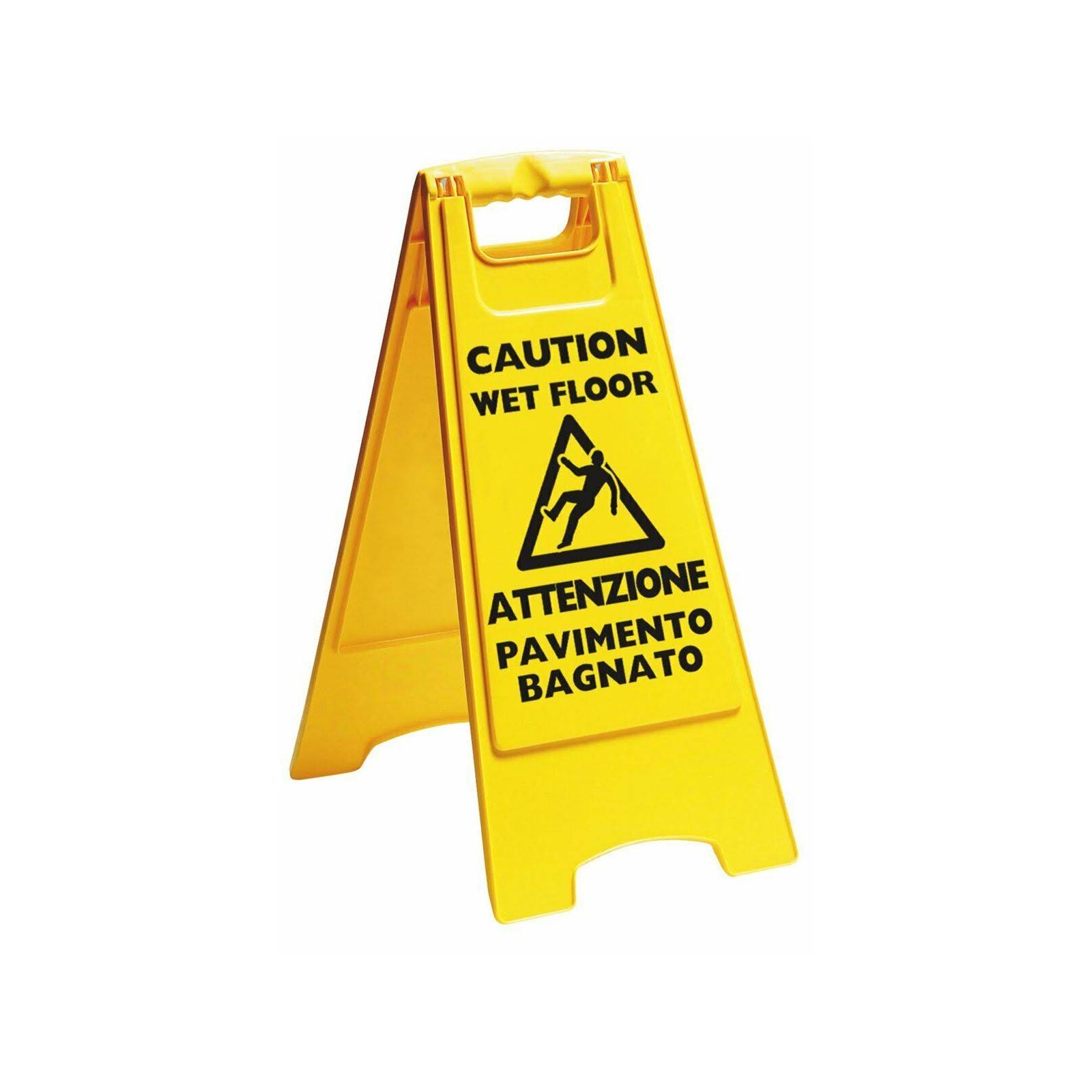 Pannello segnaletico "Attenzione Pavimento Bagnato" realizzato in plastica di colore giallo