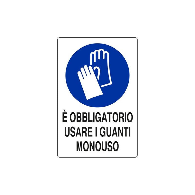 Cartello segnaletico "Obbligatorio Uso Guanti Monouso" realizzato in pvc 20 x 30 cm