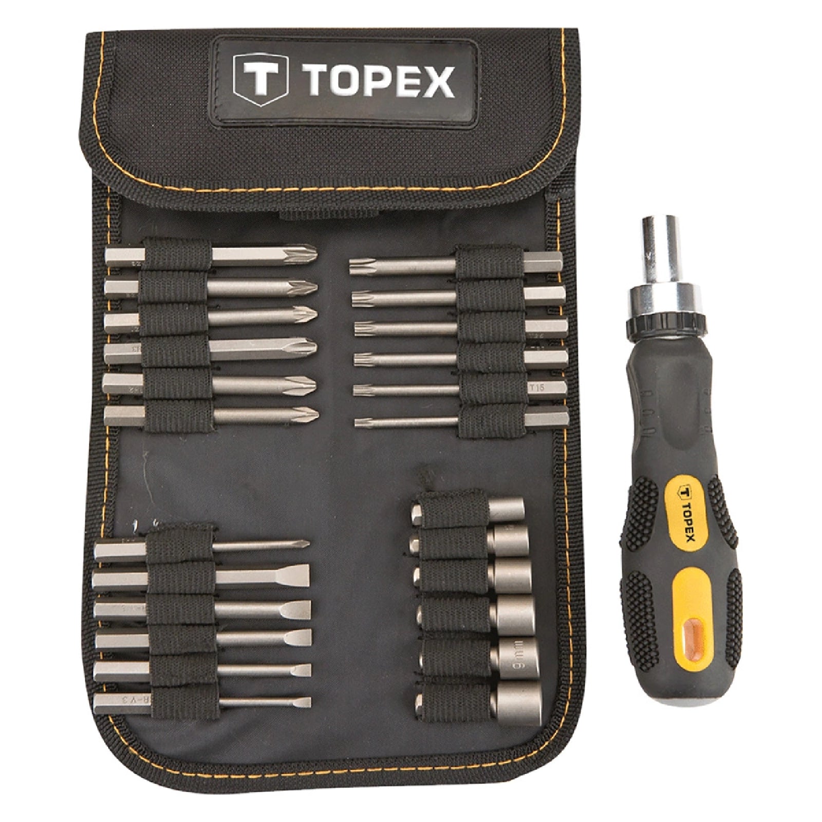 Cacciavite "TOPEX" con inserti e bussole in acciaio cromo-vanadio in borsa di stoffa ripiegabile, set da 26 pezzi