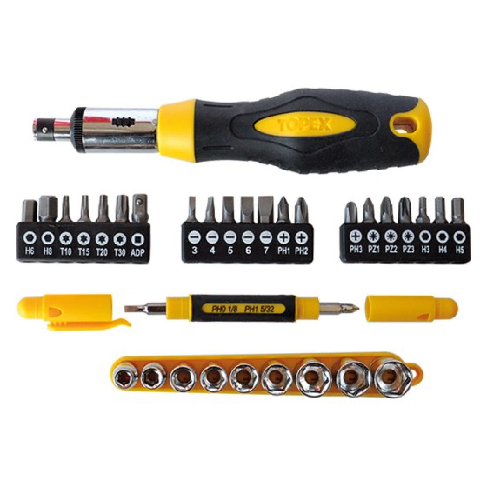 Cacciavite "TOPEX" a cricchetto reversibile in cromo-vanadio con set di 30 inserti