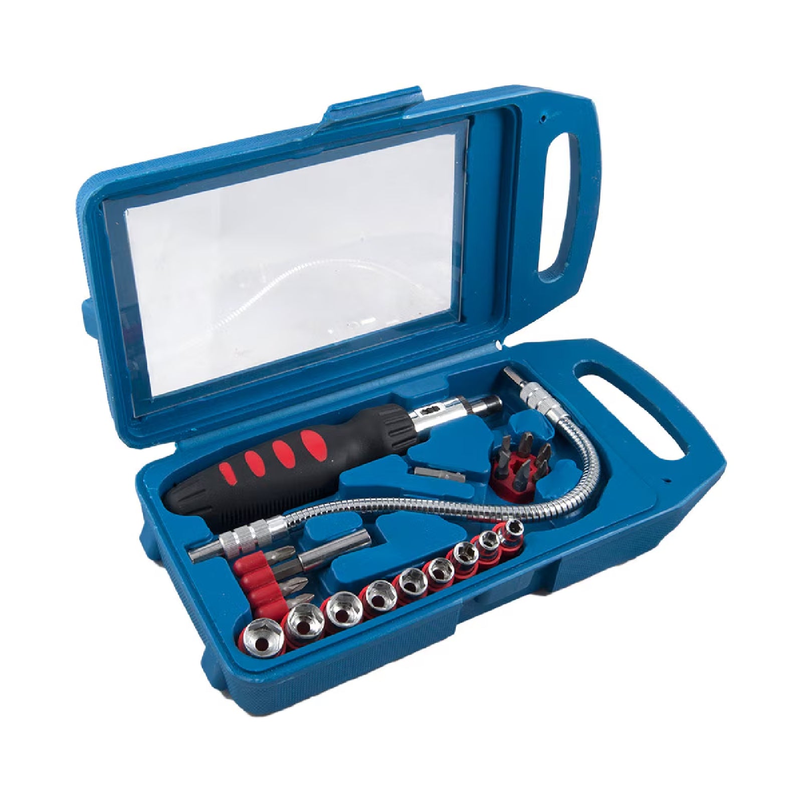 Cacciavite a cricchetto con inserti e bussole in cassetta plastica appendibile set da 22 pezzi