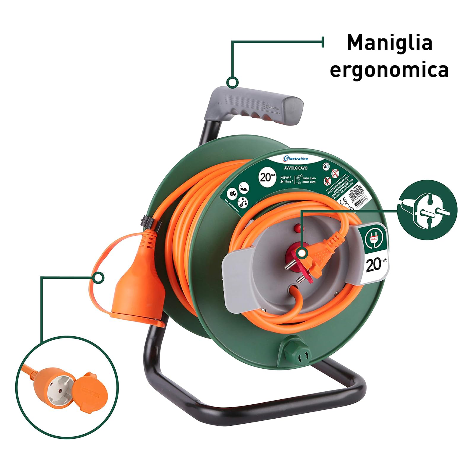 Avvolgicavo da giardino a cavalletto con maniglia girevole mt 20