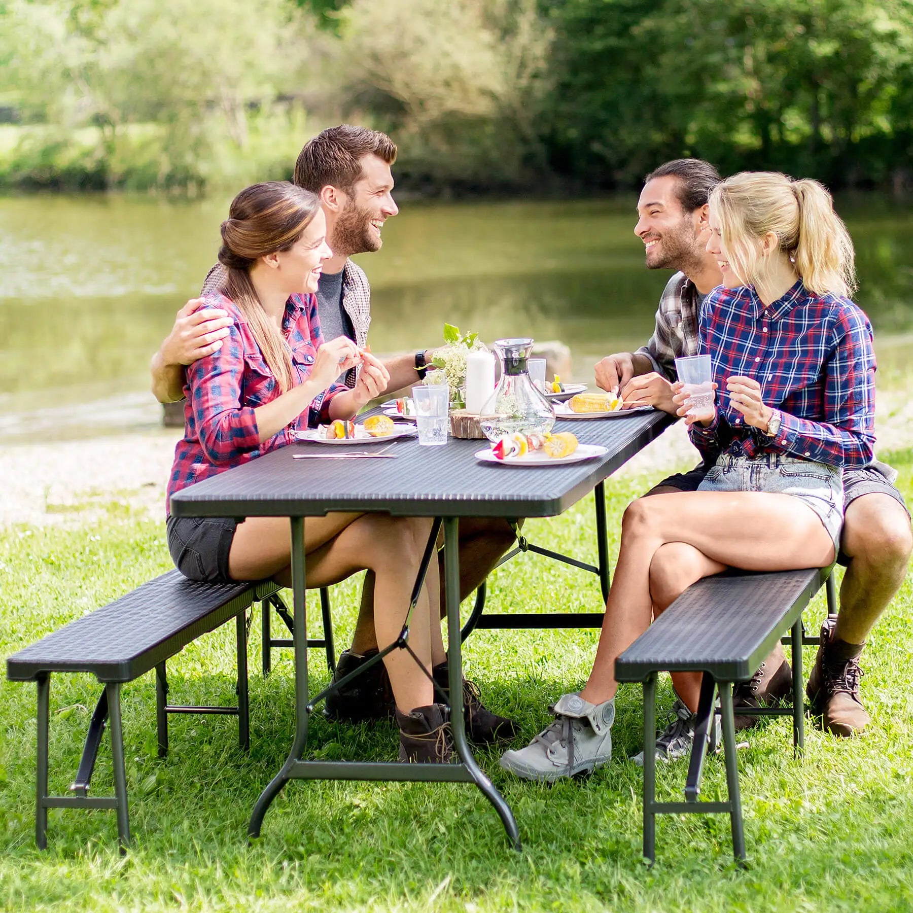 Tavolo pieghevole da catering e campeggio a valigetta con 2 panche marrone