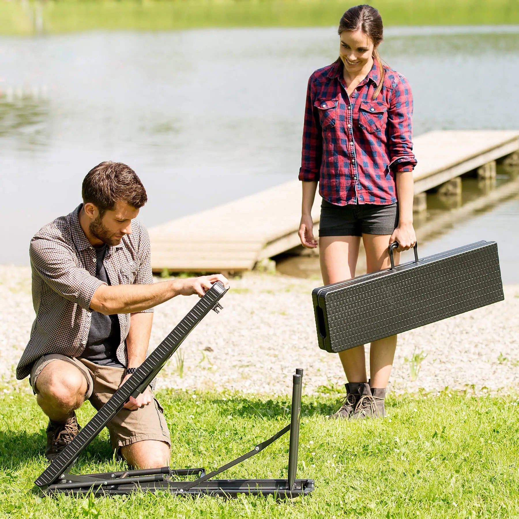 Tavolo pieghevole da catering e campeggio a valigetta con 2 panche marrone