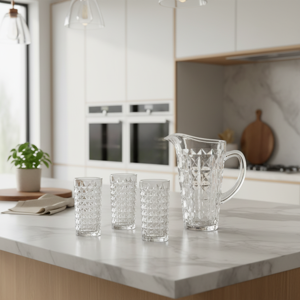 Caraffa in vetro trasparente con beccuccio e manico, set caraffa + 6 bicchieri in vetro