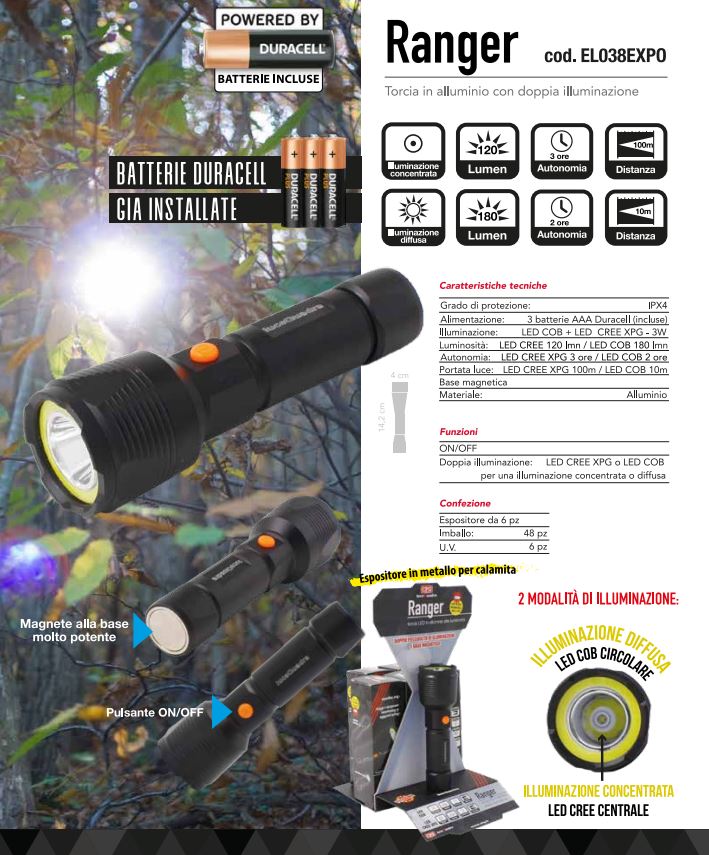 Torcia in alluminio a batteria da campeggio e nautica distanza 100 mt