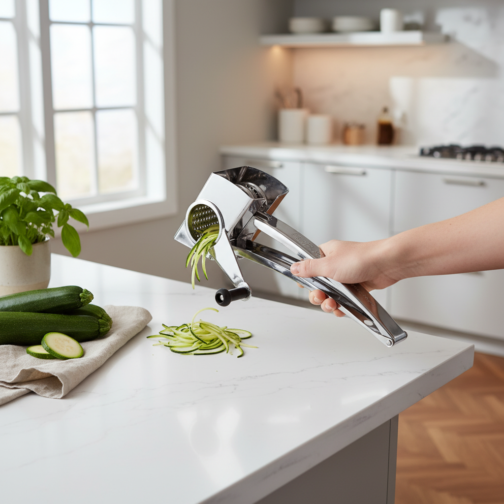 Grattugia dotata di corpo in acciaio inox con funzione manuale manovella.