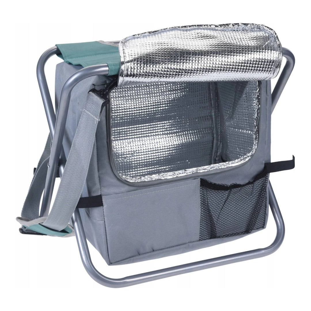 Sedia pieghevole con borsa isotermica per mare e spiaggia, colore blu e grigio, da 31,5 x 41 x 26,5 cm.