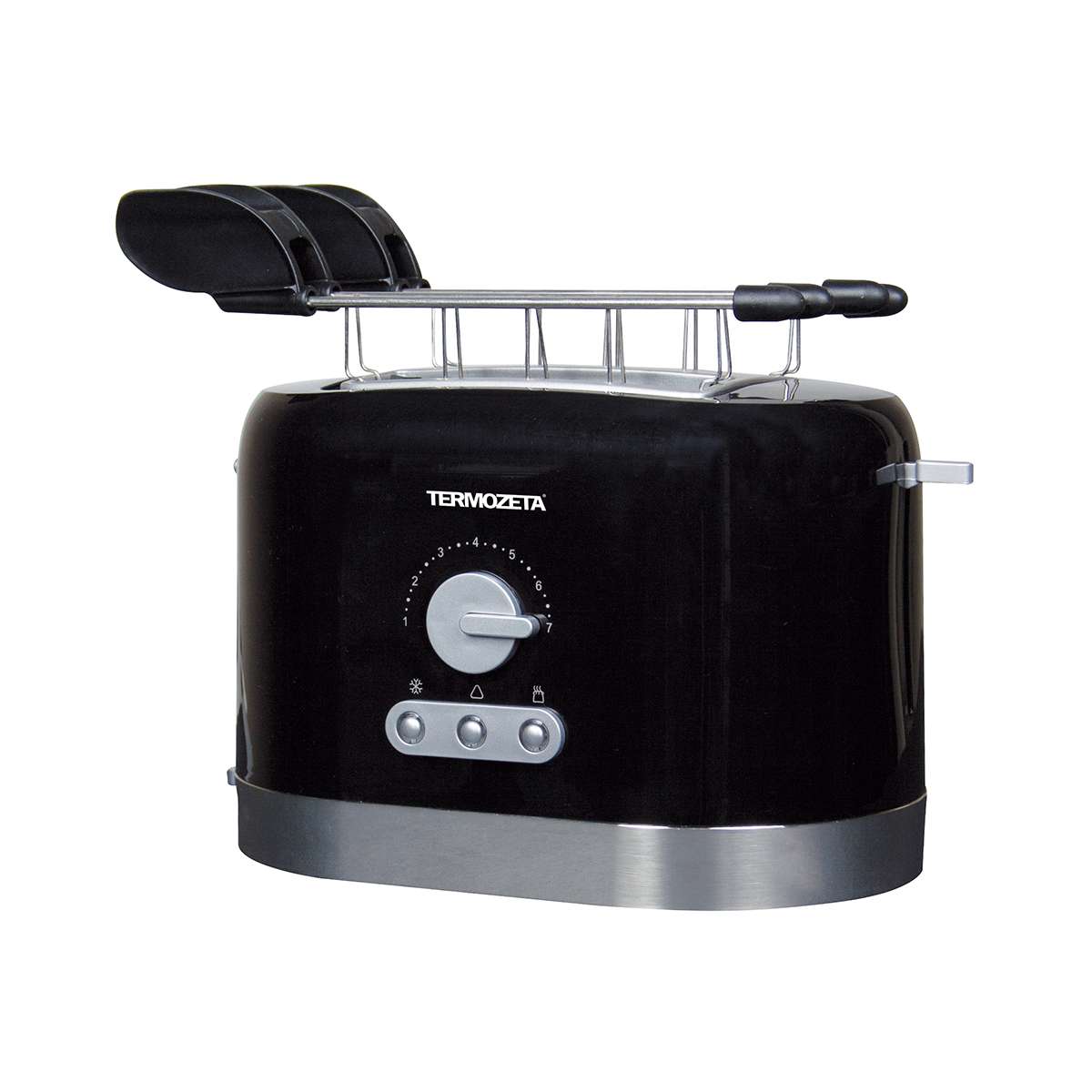 Tostapane in acciaio inox con timer a 7 livelli diversi di doratura e Pinze con impugnature termoresistenti