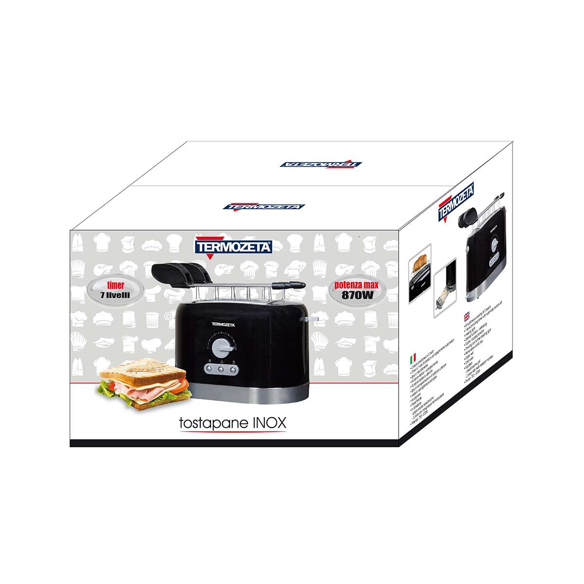 Tostapane in acciaio inox con timer a 7 livelli diversi di doratura e Pinze con impugnature termoresistenti