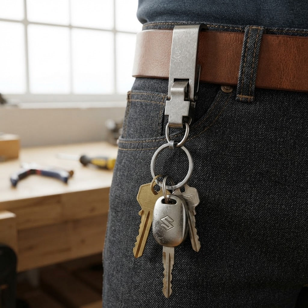 Porta chiavi in acciaio cromato con doppio anello per cintura