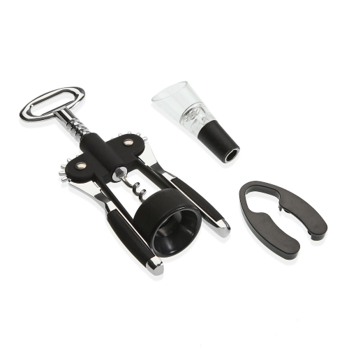 Set sommelier 3 pezzi Cavatappi, Tagliacapsule e Tappo versatore Nero
