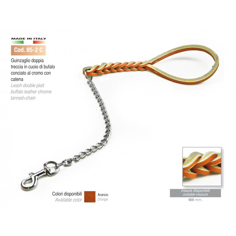 Guinzaglio per cane con treccia in pelle bovina e catena 70 cm
