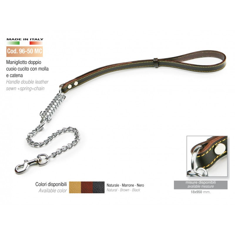 Guinzaglio con catena ed ammortizzatore in doppio cuoio cucito 70 cm