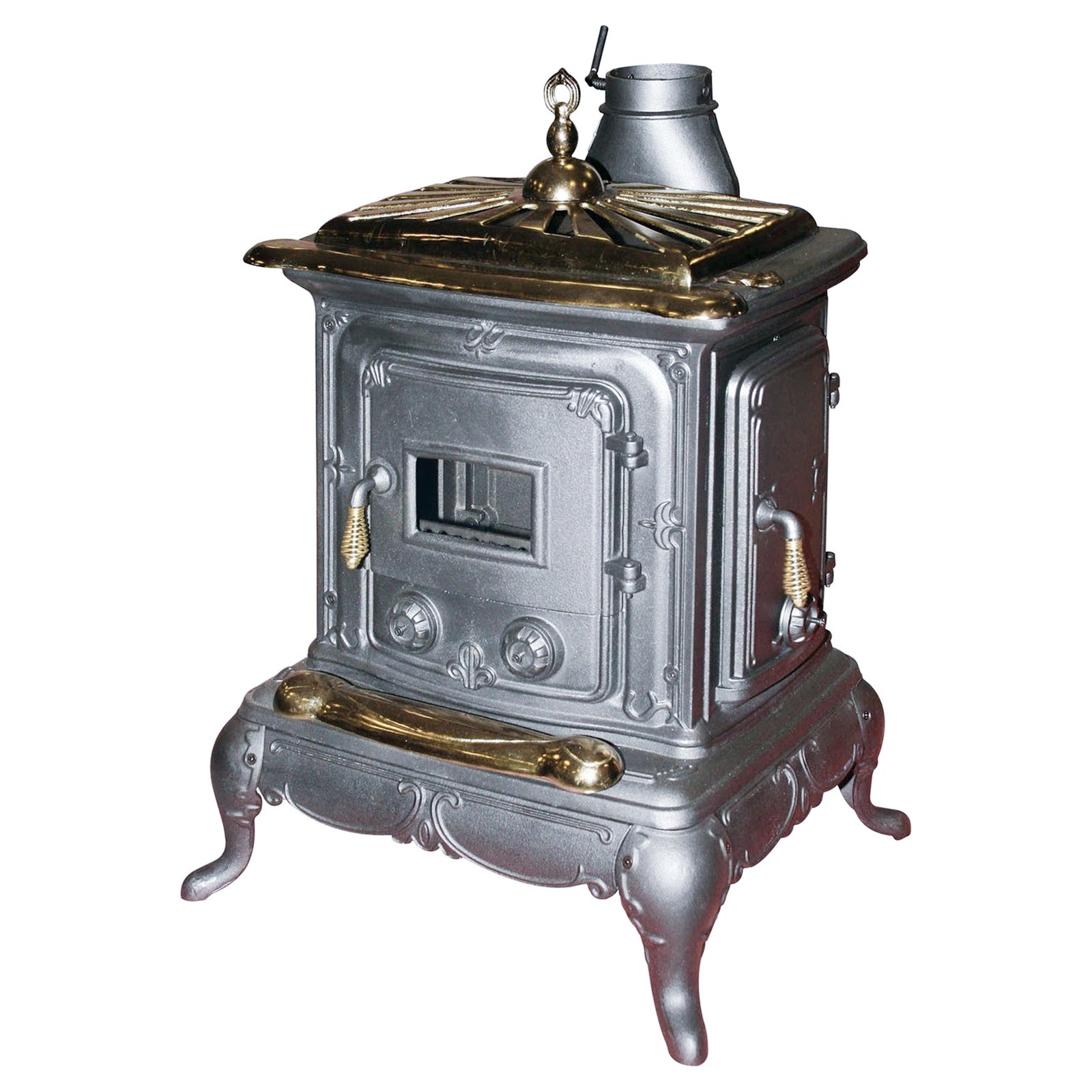 Stufa a legna "Parlor" 6 kW in ghisa con inserti ottone caminetto vintage