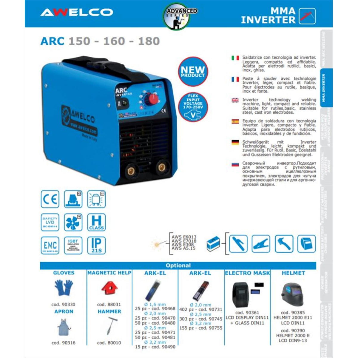 Saldatrice saldatrici arc 180 awelco inverter elettrodi 4 mm con elmetto maschera lcd 7 kva