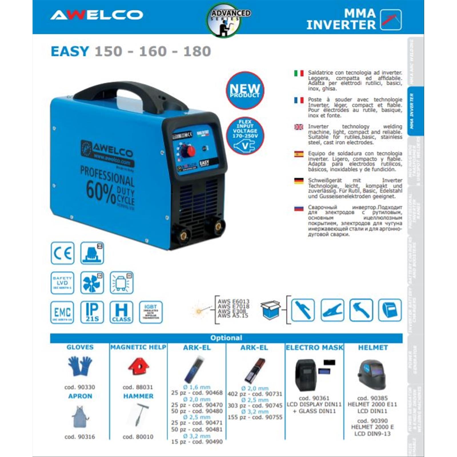 Saldatrice saldatrici easy 150 awelco inverter elettrodi 4 mm con maschera 5,5 kva