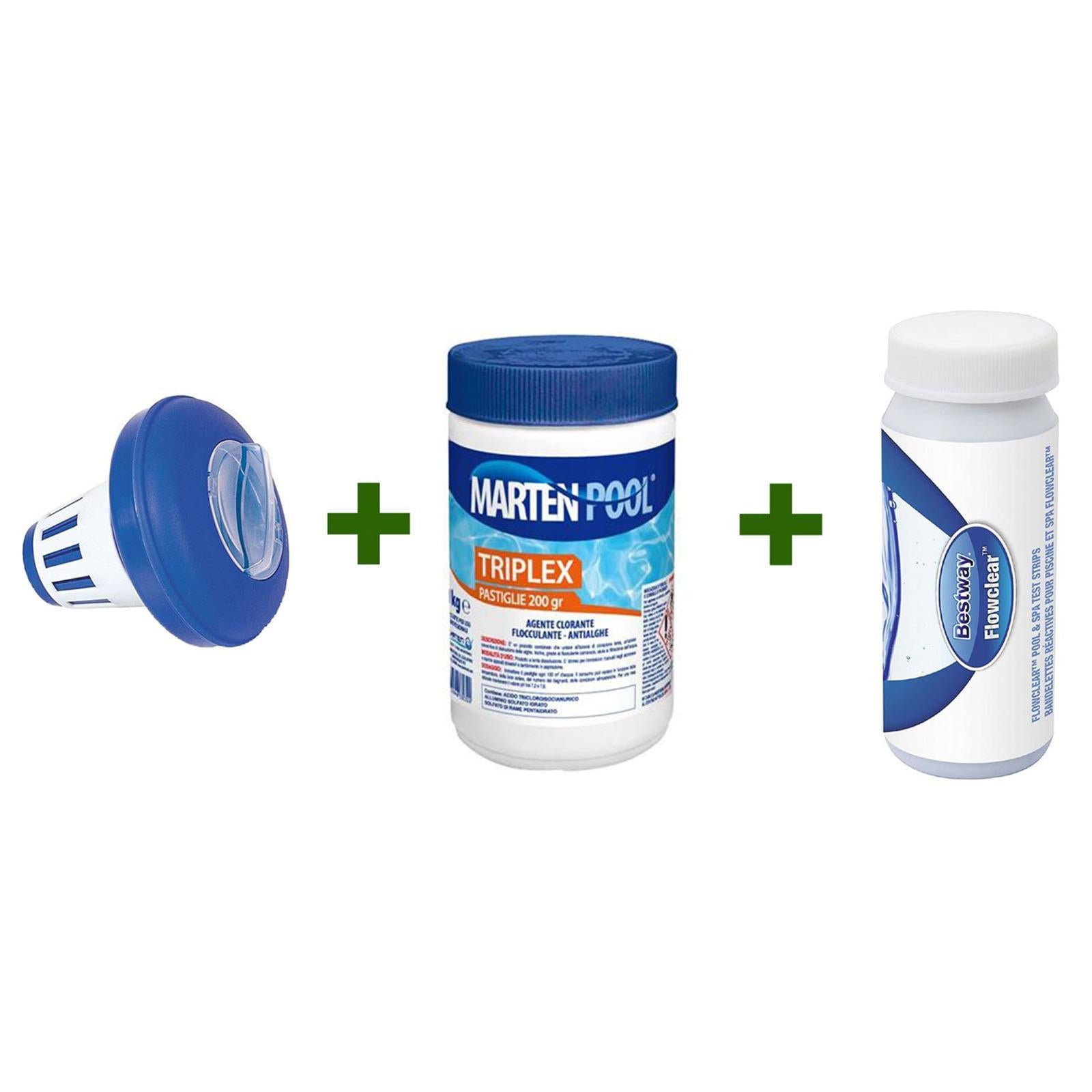 KIT MANUTENZIONE KG 1 TRIS PASTIGLIE ANTIALGHE CLORO PISCINA CON DISPENSER E TEST PISCINE