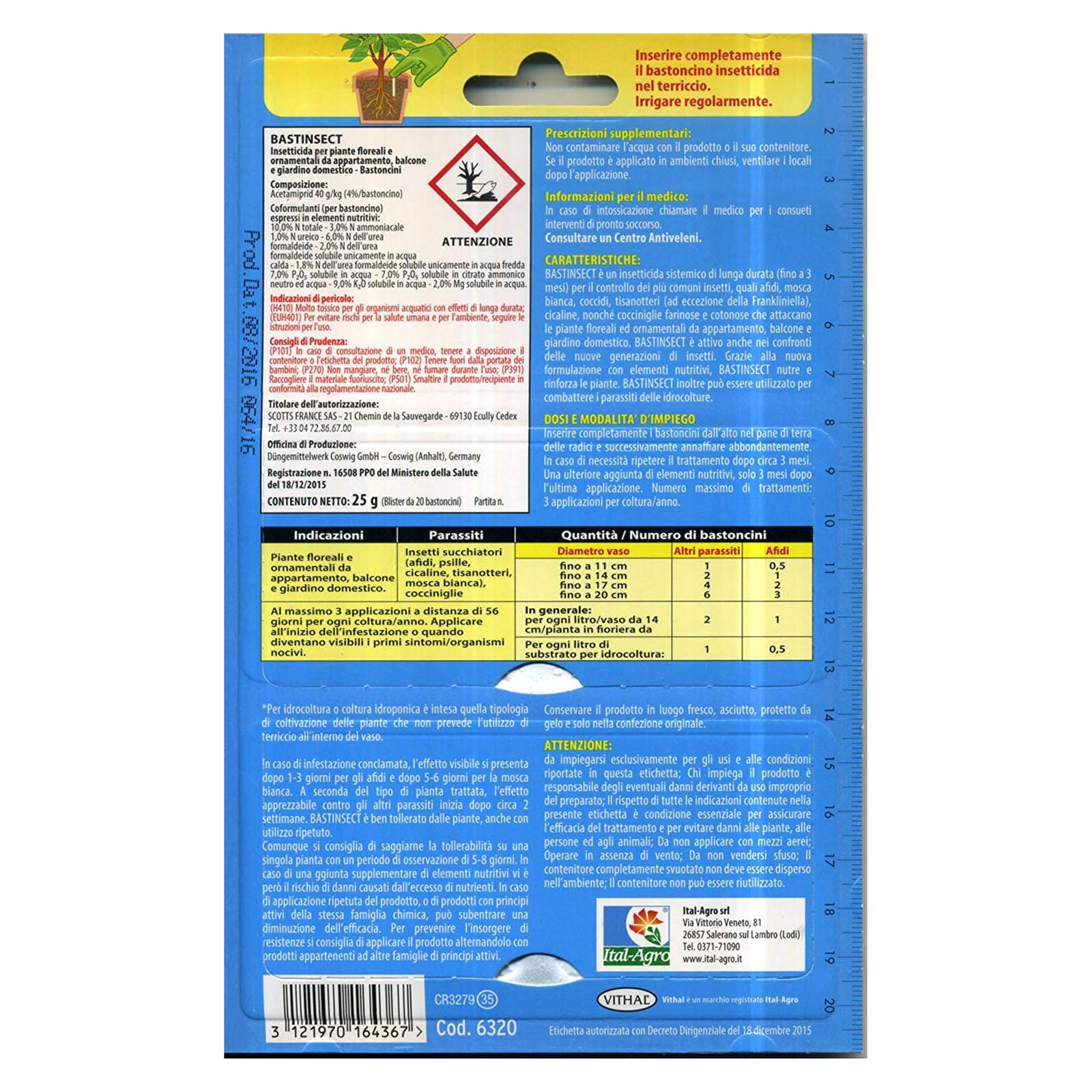 INSETTICIDA SISTEMICO PER PIANTE ORNAMENTALI BASTINSECT 20 BASTONCINI