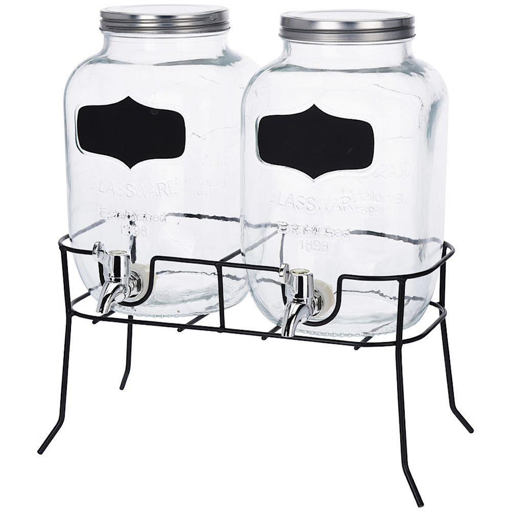 Caraffe in vetro porta bevande con rubinetto e supporto in metallo