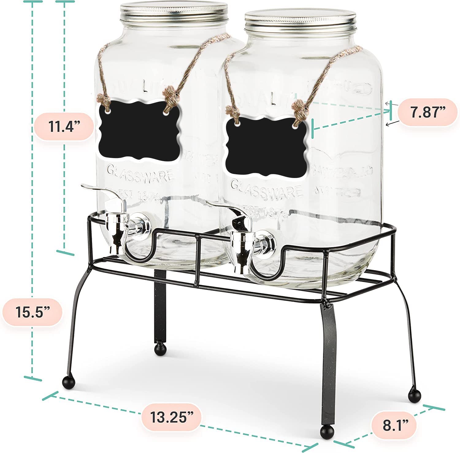 Caraffe in vetro porta bevande con rubinetto, infusiere e supporto in metallo 2 x 4 Lt