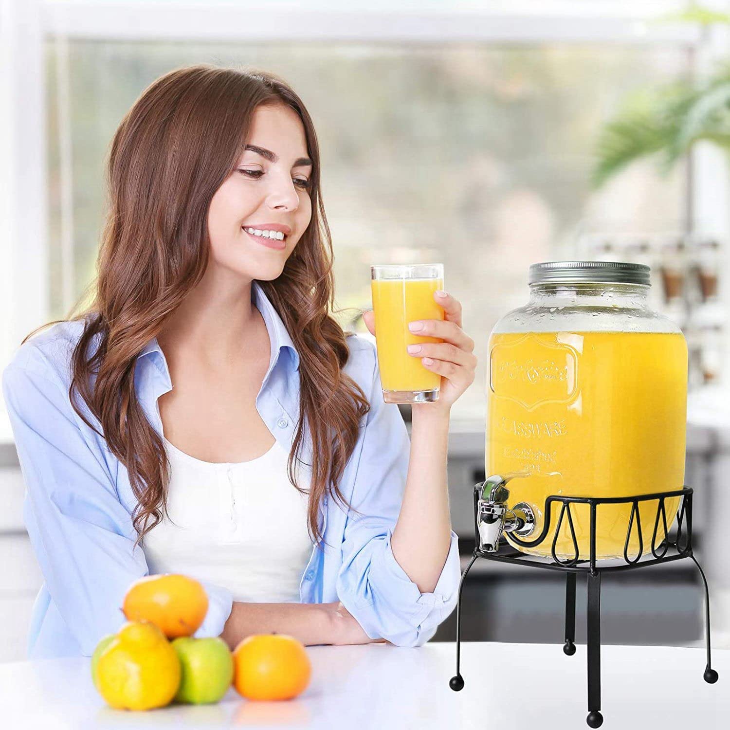 Caraffa in vetro porta bevande con rubinetto e supporto in metallo 7,5 lt