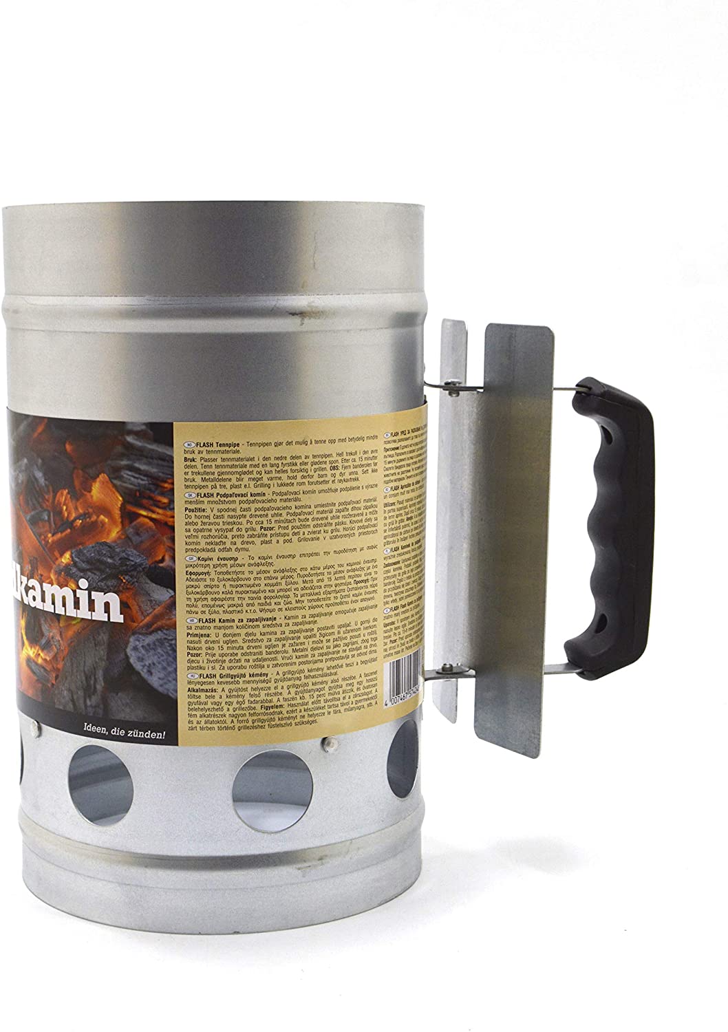 Accendi carboni e bricchetti per barbecue ciminiera starter inox con manico di protezione