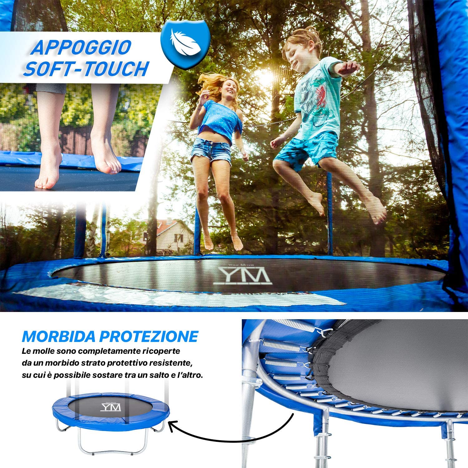 Trampolino elastico con rete di protezione per bambini ed adulti gioco da giardino e veranda