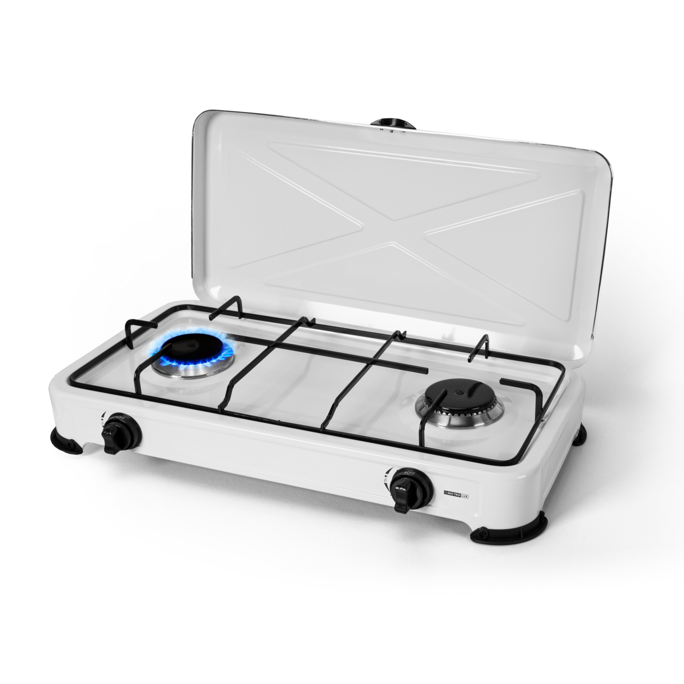 Fornello a gas da campeggio 2 fuochi con coperchio fiamma regolabile